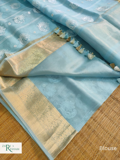 Pure Kora Silk Saree with Banarasi Border & Embroidery Work - Sky Blue