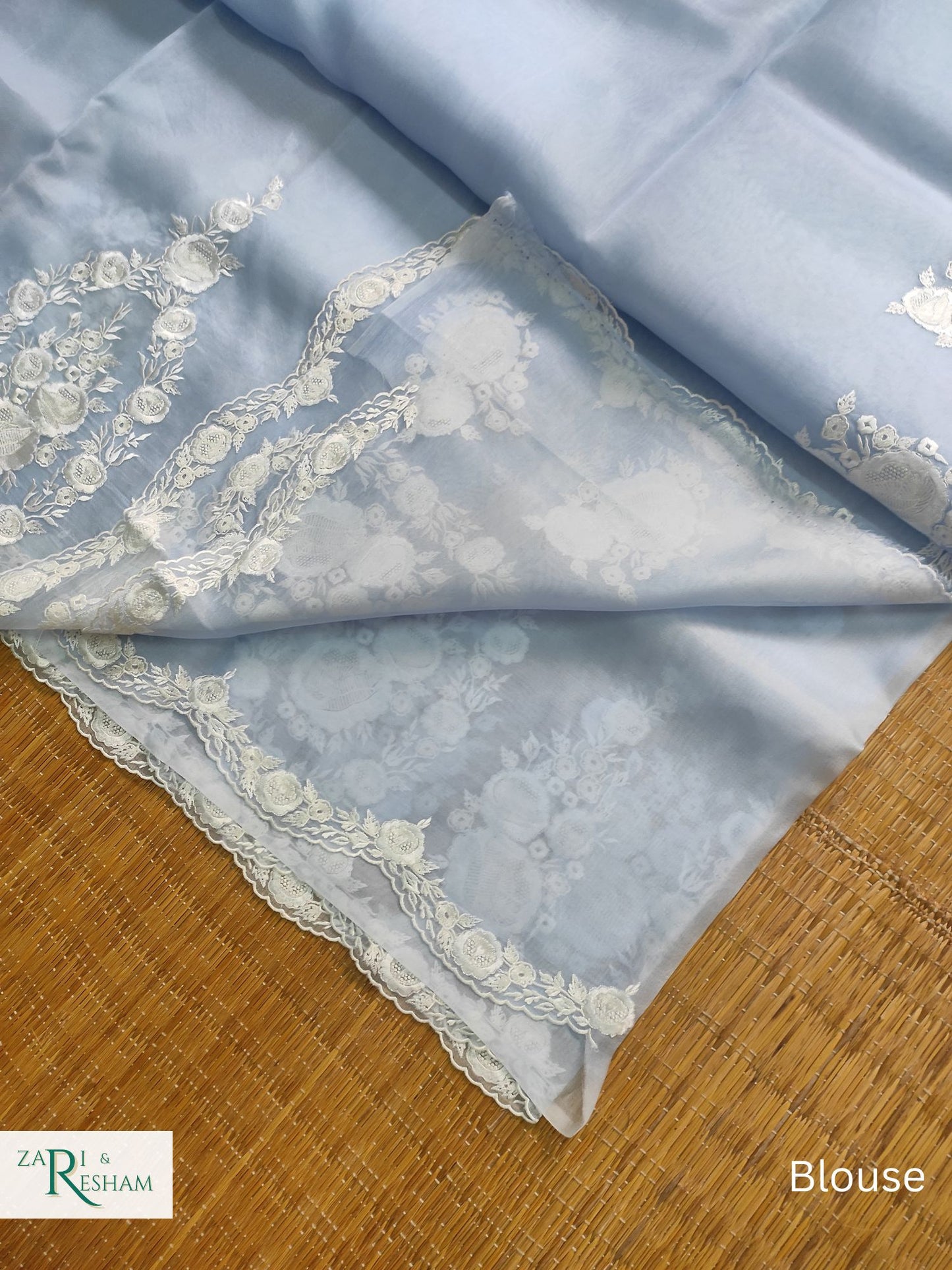 Pure Organza Silk Saree with Buta & Scalloped Edging Embroidery Work - Powder Blue