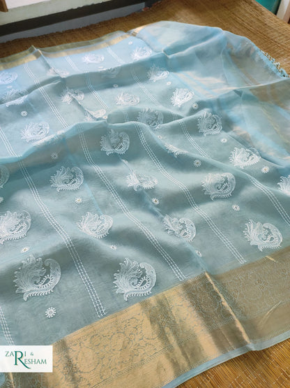 Pure Kora Silk Saree with Banarasi Border & Embroidery Work - Sky Blue