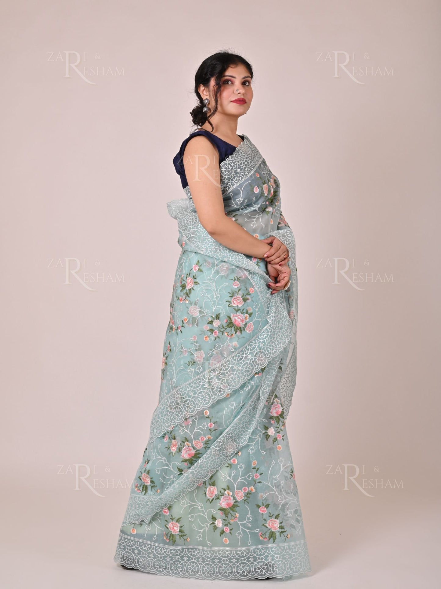 Pure Organza Silk Saree with Pearl and Floral Scalloped Edging Embroidery Work - Blue