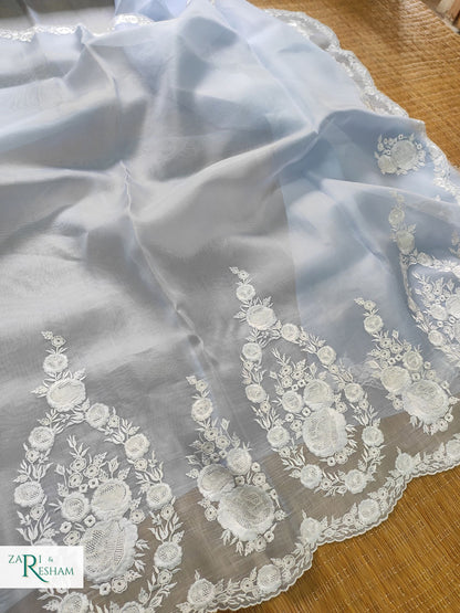 Pure Organza Silk Saree with Buta & Scalloped Edging Embroidery Work - Powder Blue