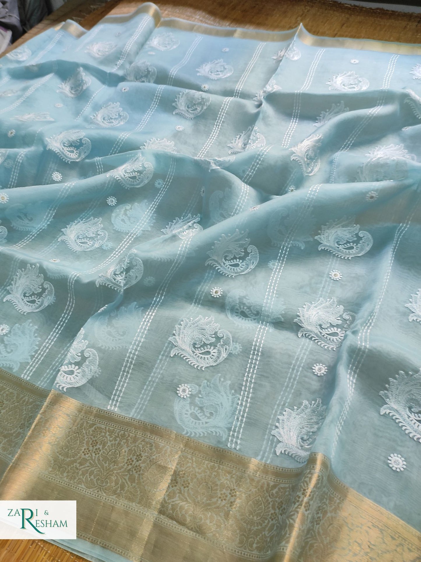 Pure Kora Silk Saree with Banarasi Border & Embroidery Work - Sky Blue