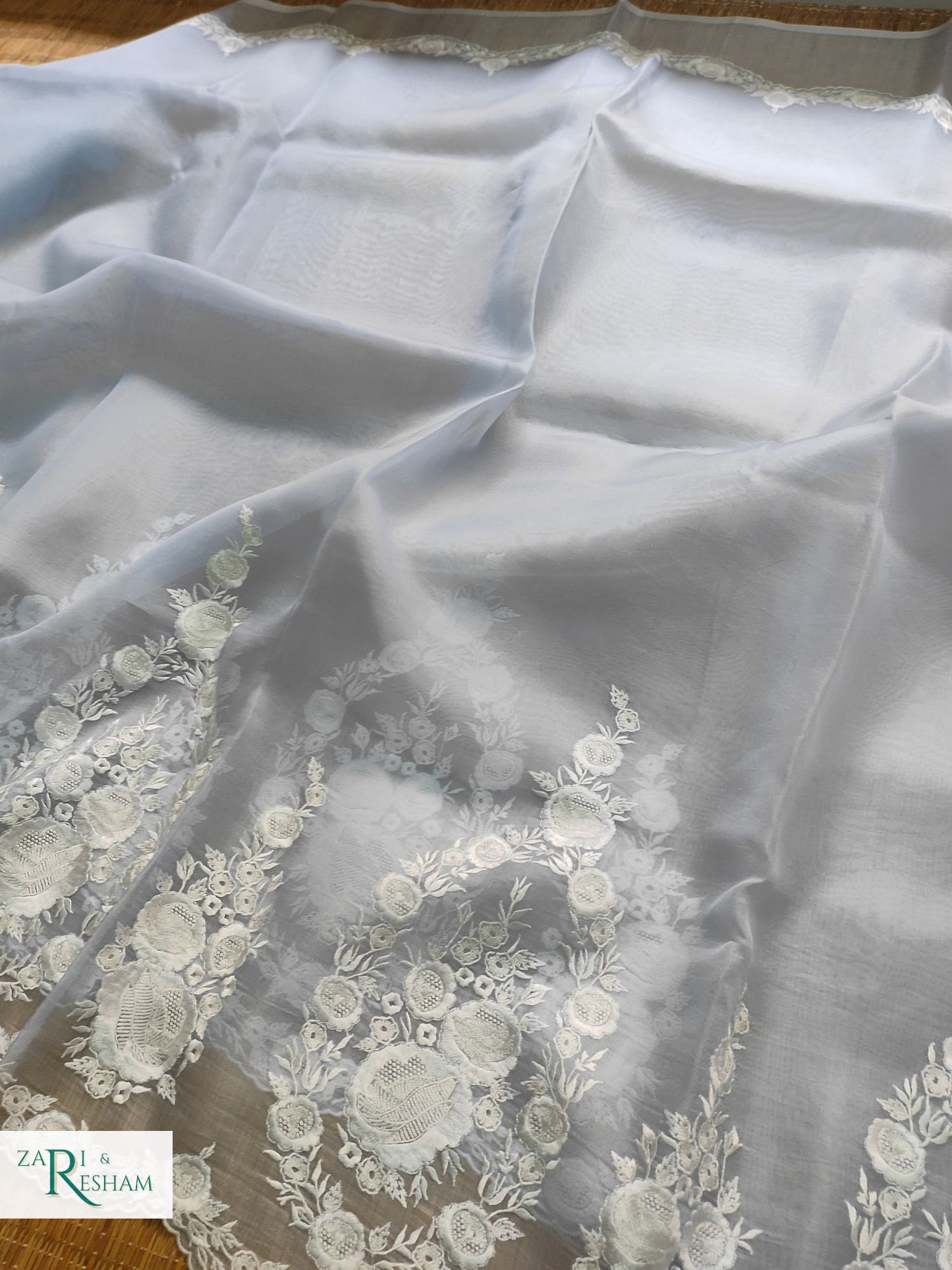 Pure Organza Silk Saree with Buta & Scalloped Edging Embroidery Work - Powder Blue