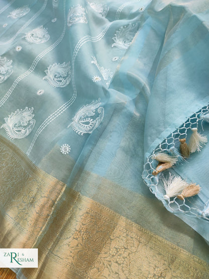 Pure Kora Silk Saree with Banarasi Border & Embroidery Work - Sky Blue