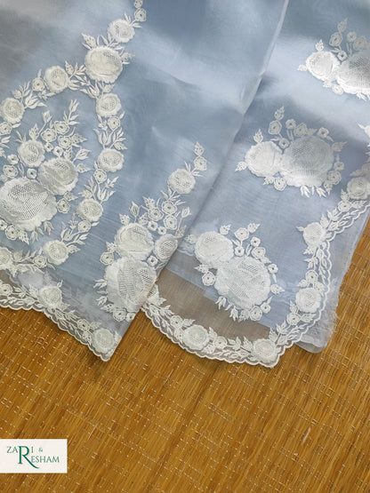 Pure Organza Silk Saree with Buta & Scalloped Edging Embroidery Work - Powder Blue