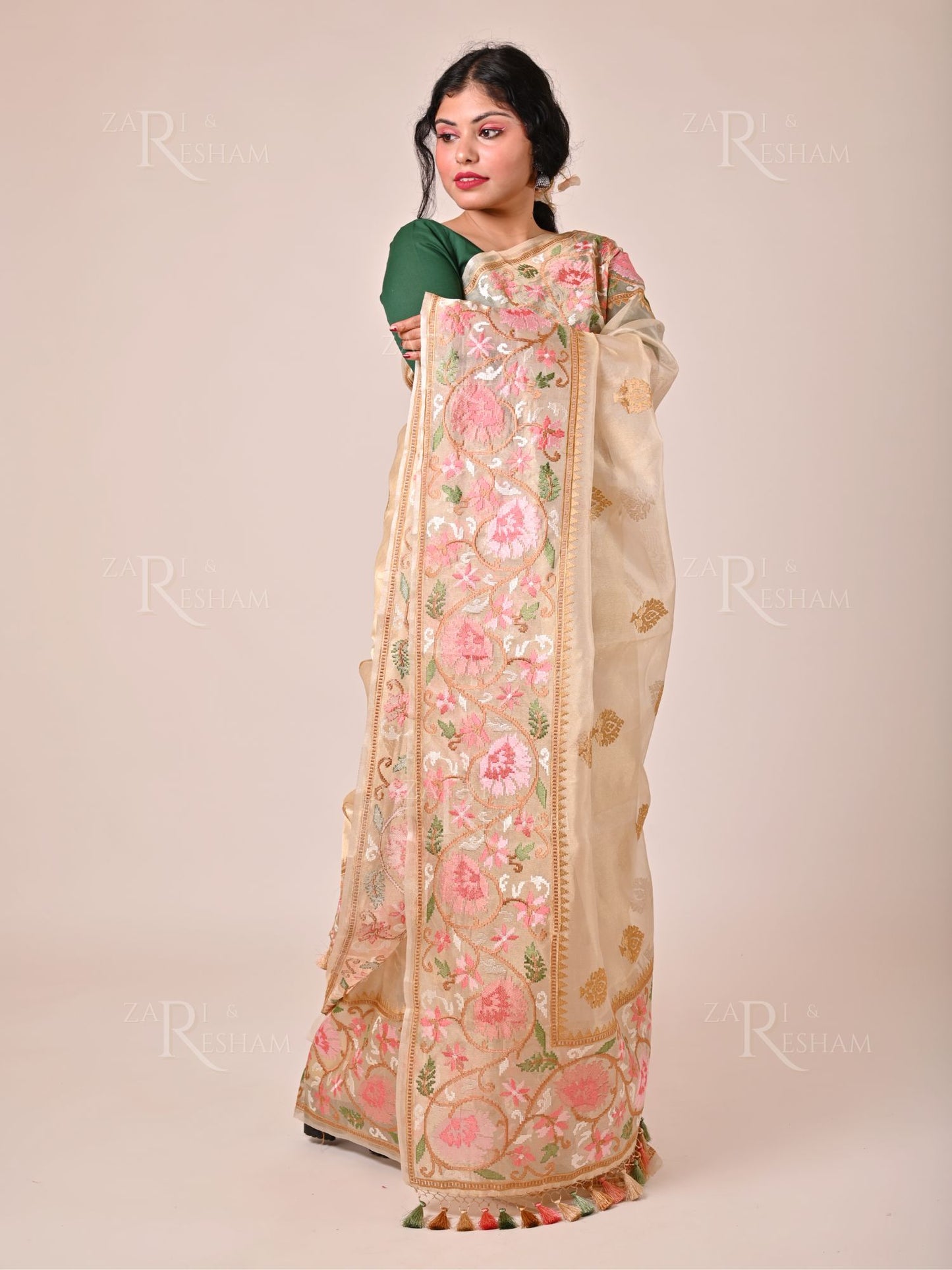 Pure Tissue Silk Saree with Floral Mina Embroidery Work - Gold (Natural)