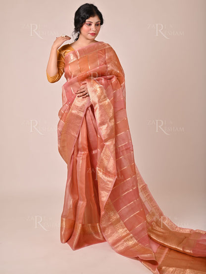 Pure Kora Handloom Silk Saree in Rangkat Dye - Copper