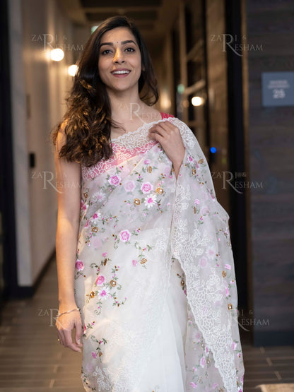 Pure Organza Silk Saree with Floral Jaal and Pearl Embroidery Work with Scalloped Edges - White