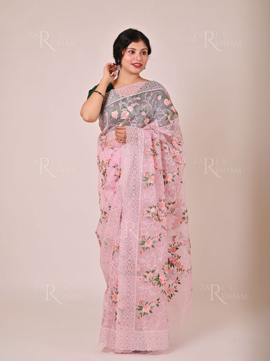 Pure Organza Silk Saree with Pearl and Floral Scalloped Edging Embroidery Work - Pink