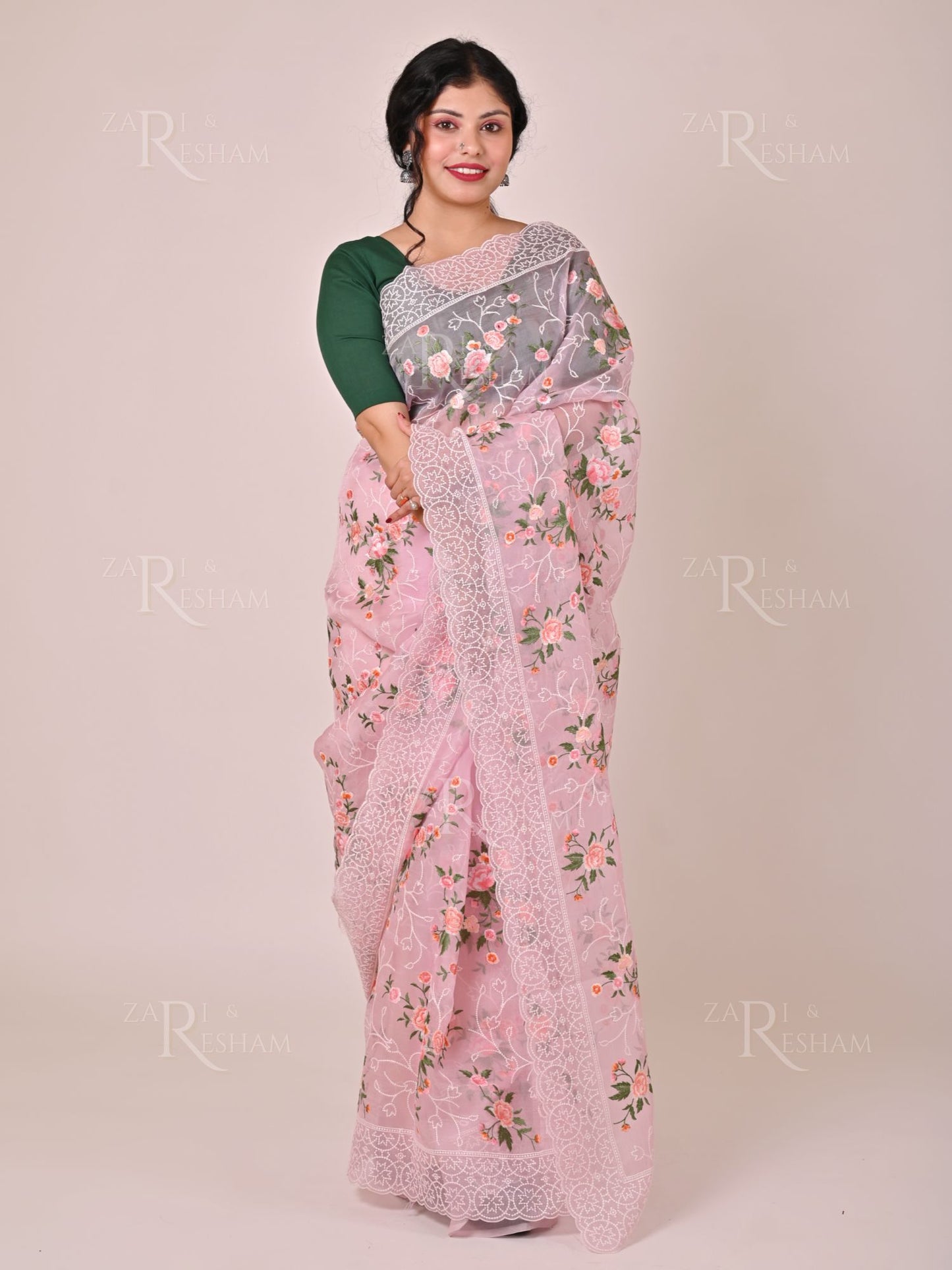 Pure Organza Silk Saree with Pearl and Floral Scalloped Edging Embroidery Work - Pink