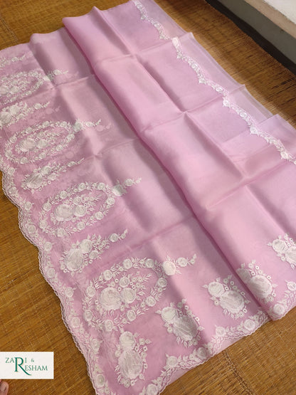 Pure Organza Silk Saree with Buta & Scalloped Edging Embroidery Work - Baby Pink