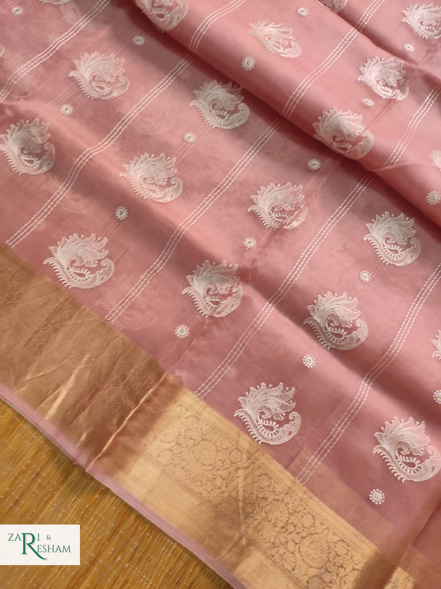 Pure Kora Silk Saree with Banarasi Border & Embroidery Work - Copper