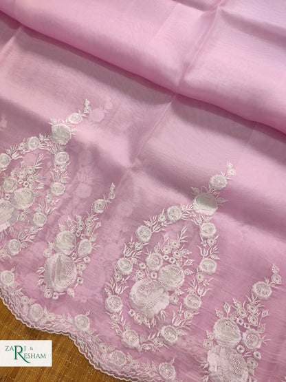 Pure Organza Silk Saree with Buta & Scalloped Edging Embroidery Work - Baby Pink