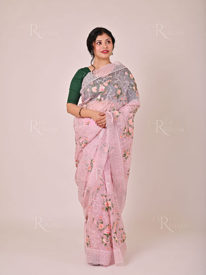 Pure Organza Silk Saree with Pearl and Floral Scalloped Edging Embroidery Work - Pink