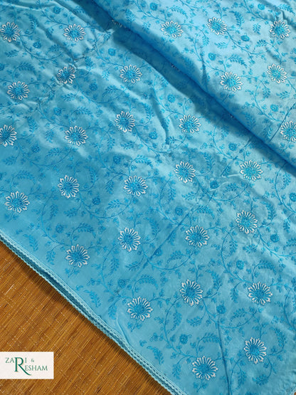 Pure Chanderi Silk Saree with Embroidery Work with Lace - Blue