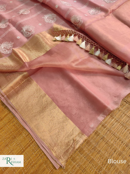 Pure Kora Silk Saree with Banarasi Border & Embroidery Work - Copper