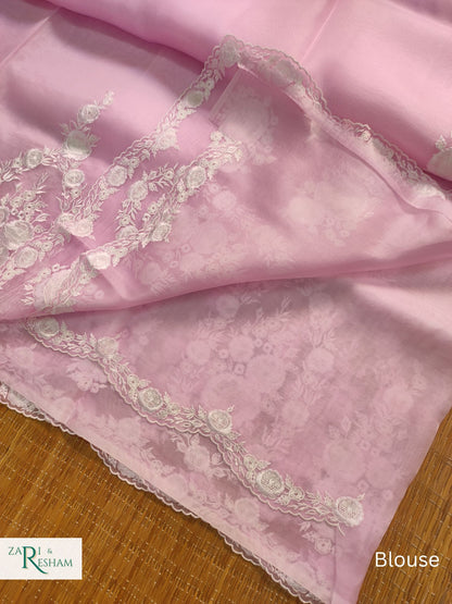 Pure Organza Silk Saree with Buta & Scalloped Edging Embroidery Work - Baby Pink