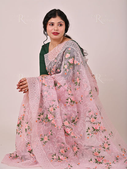 Pure Organza Silk Saree with Pearl and Floral Scalloped Edging Embroidery Work - Pink