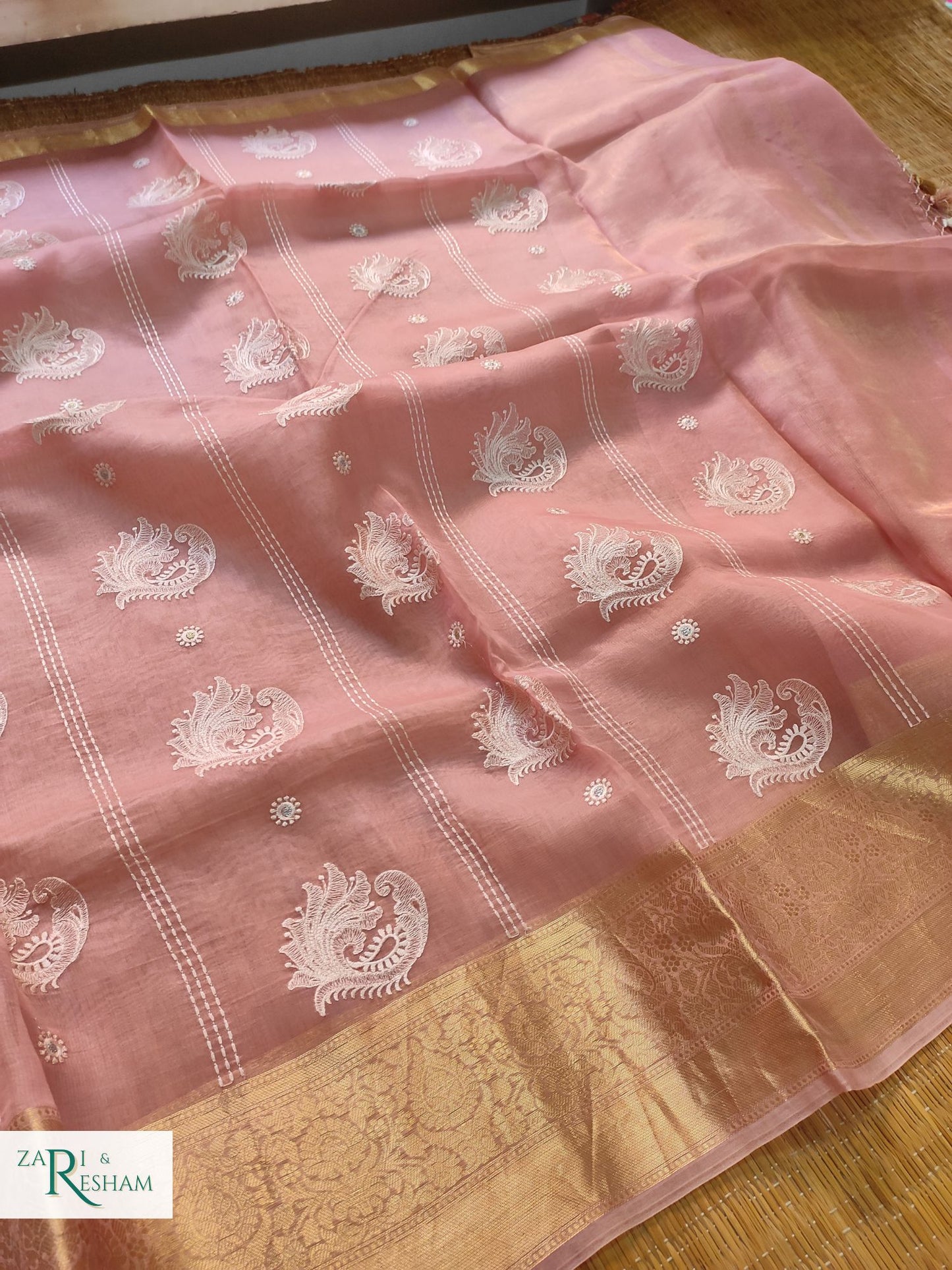 Pure Kora Silk Saree with Banarasi Border & Embroidery Work - Copper