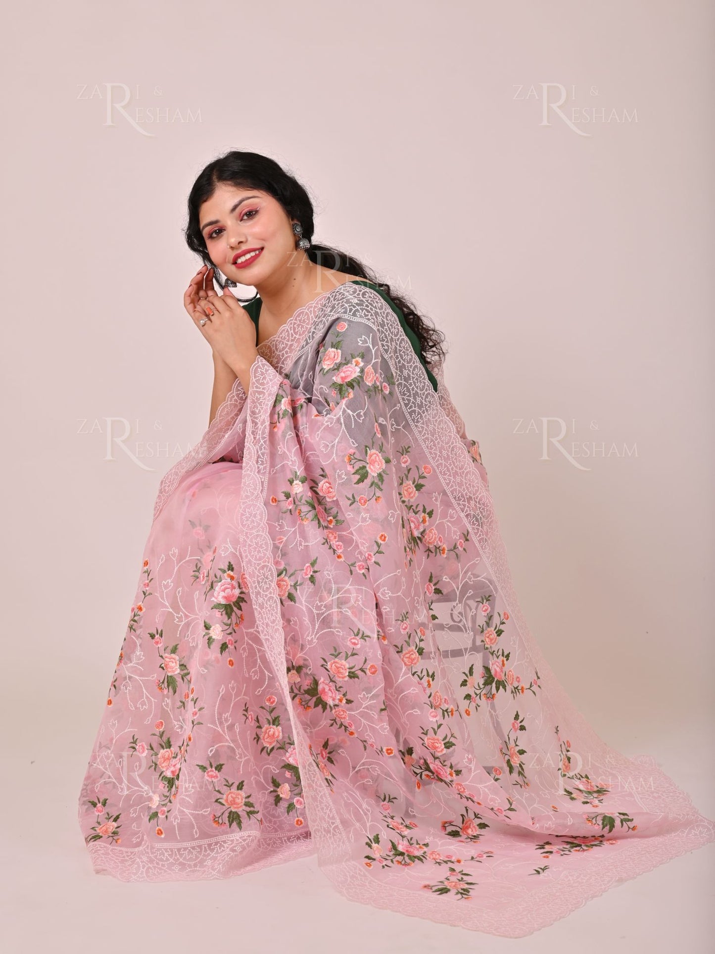 Pure Organza Silk Saree with Pearl and Floral Scalloped Edging Embroidery Work - Pink