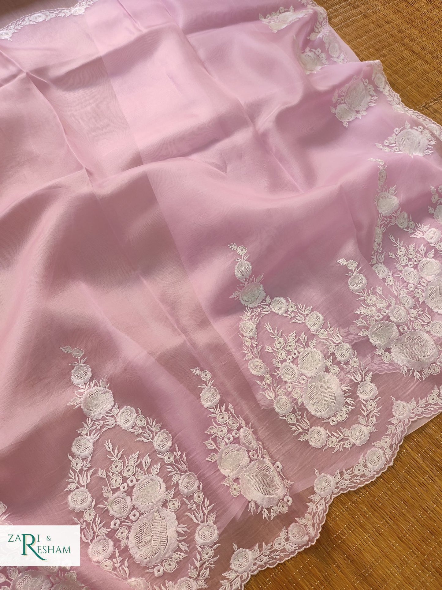 Pure Organza Silk Saree with Buta & Scalloped Edging Embroidery Work - Baby Pink