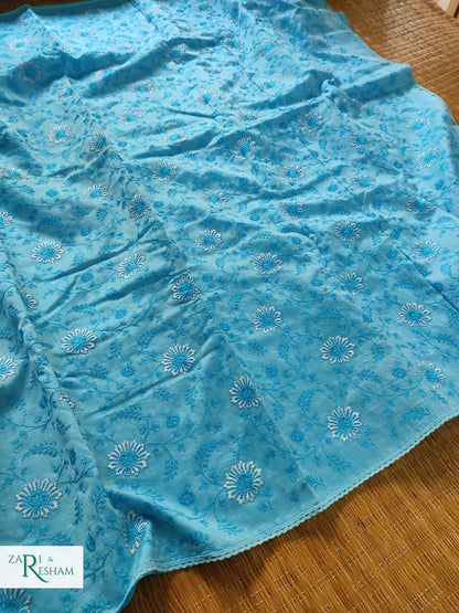 Pure Chanderi Silk Saree with Embroidery Work with Lace - Blue