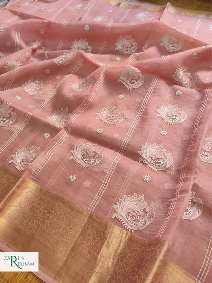 Pure Kora Silk Saree with Banarasi Border & Embroidery Work - Copper