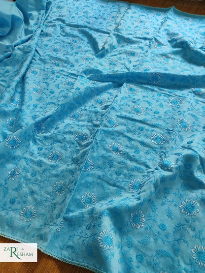 Pure Chanderi Silk Saree with Embroidery Work with Lace - Blue