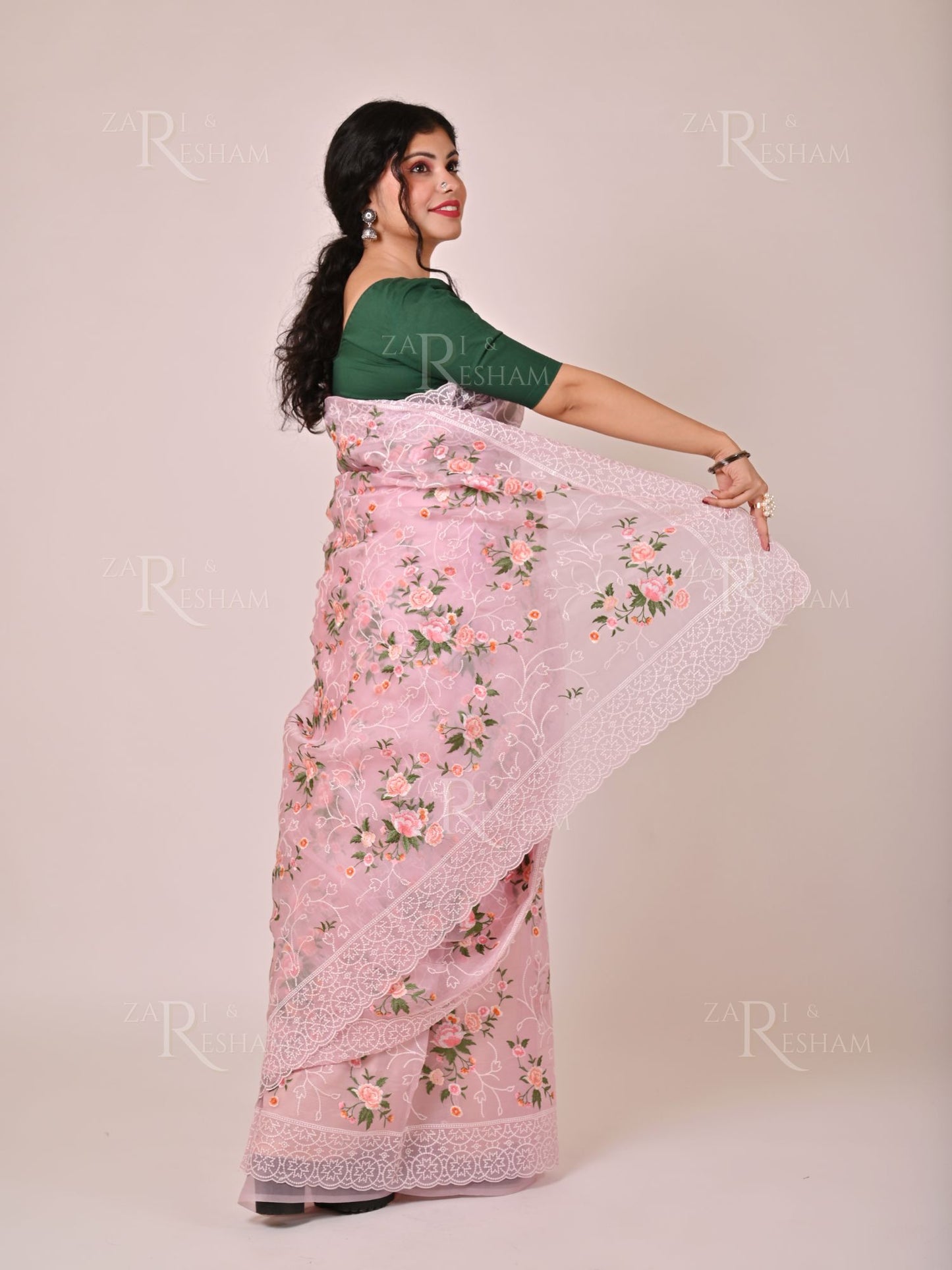 Pure Organza Silk Saree with Pearl and Floral Scalloped Edging Embroidery Work - Pink