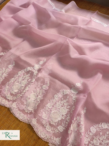 Pure Organza Silk Saree with Buta & Scalloped Edging Embroidery Work - Baby Pink