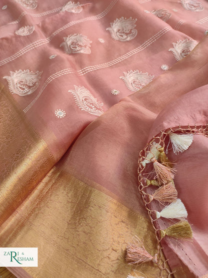 Pure Kora Silk Saree with Banarasi Border & Embroidery Work - Copper