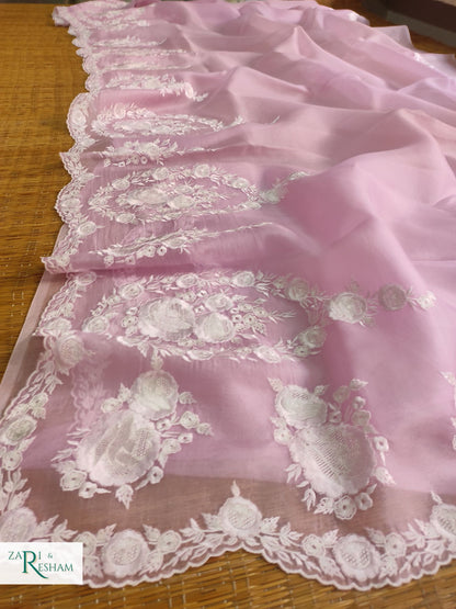 Pure Organza Silk Saree with Buta & Scalloped Edging Embroidery Work - Baby Pink