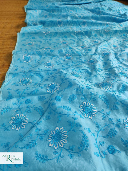 Pure Chanderi Silk Saree with Embroidery Work with Lace - Blue