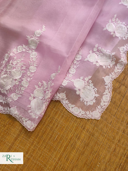 Pure Organza Silk Saree with Buta & Scalloped Edging Embroidery Work - Baby Pink