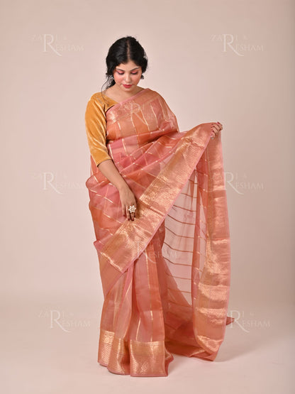 Pure Kora Handloom Silk Saree in Rangkat Dye - Copper