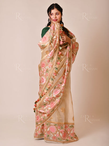 Pure Tissue Silk Saree with Floral Mina Embroidery Work - Gold (Natural)