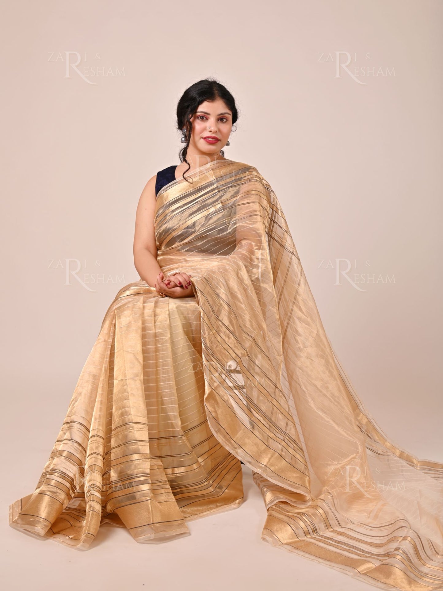 Pure Tissue Silk Sarees with Chinya Stripes - Gold (Natural)