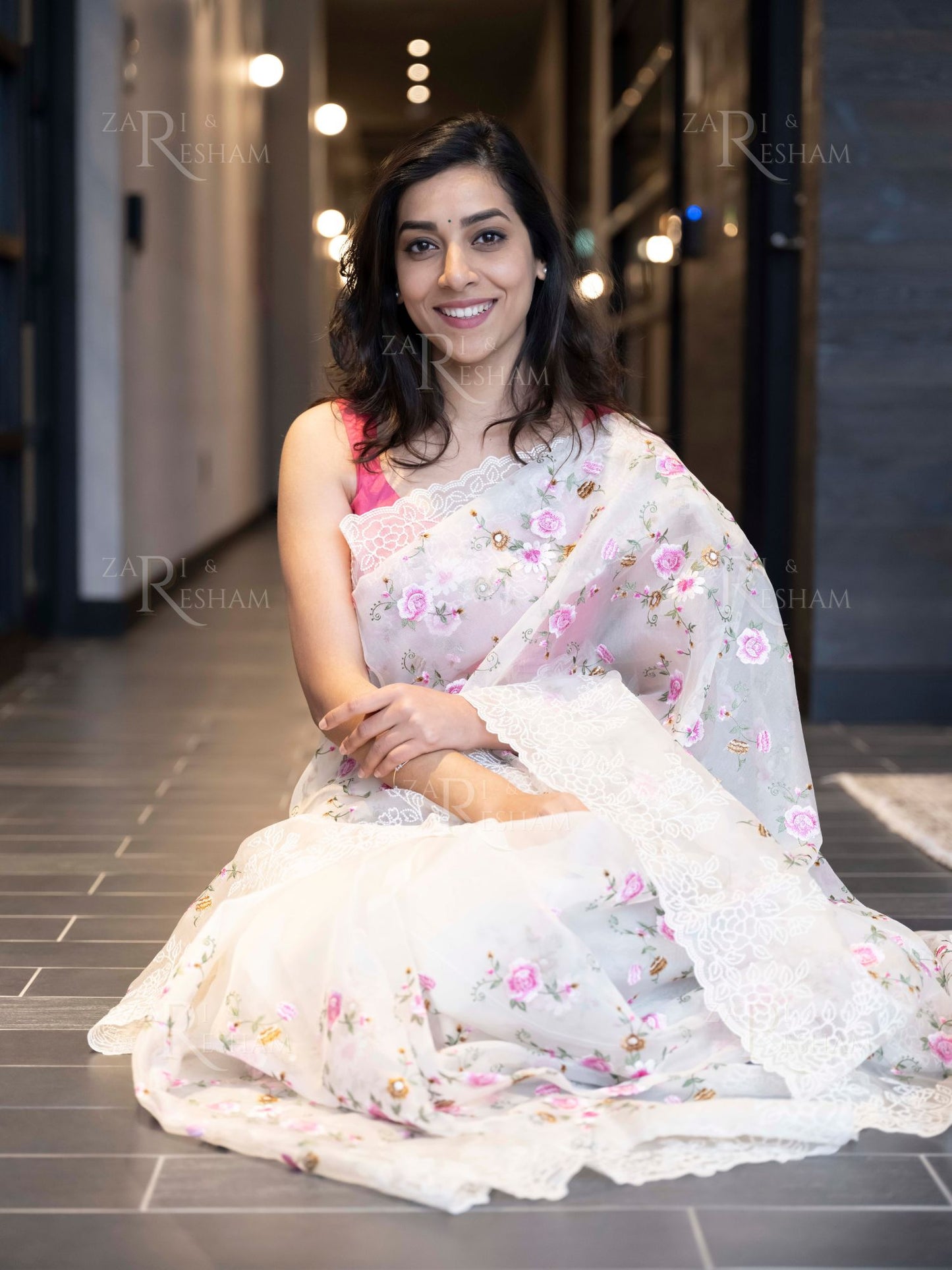 Pure Organza Silk Saree with Floral Jaal and Pearl Embroidery Work with Scalloped Edges - White