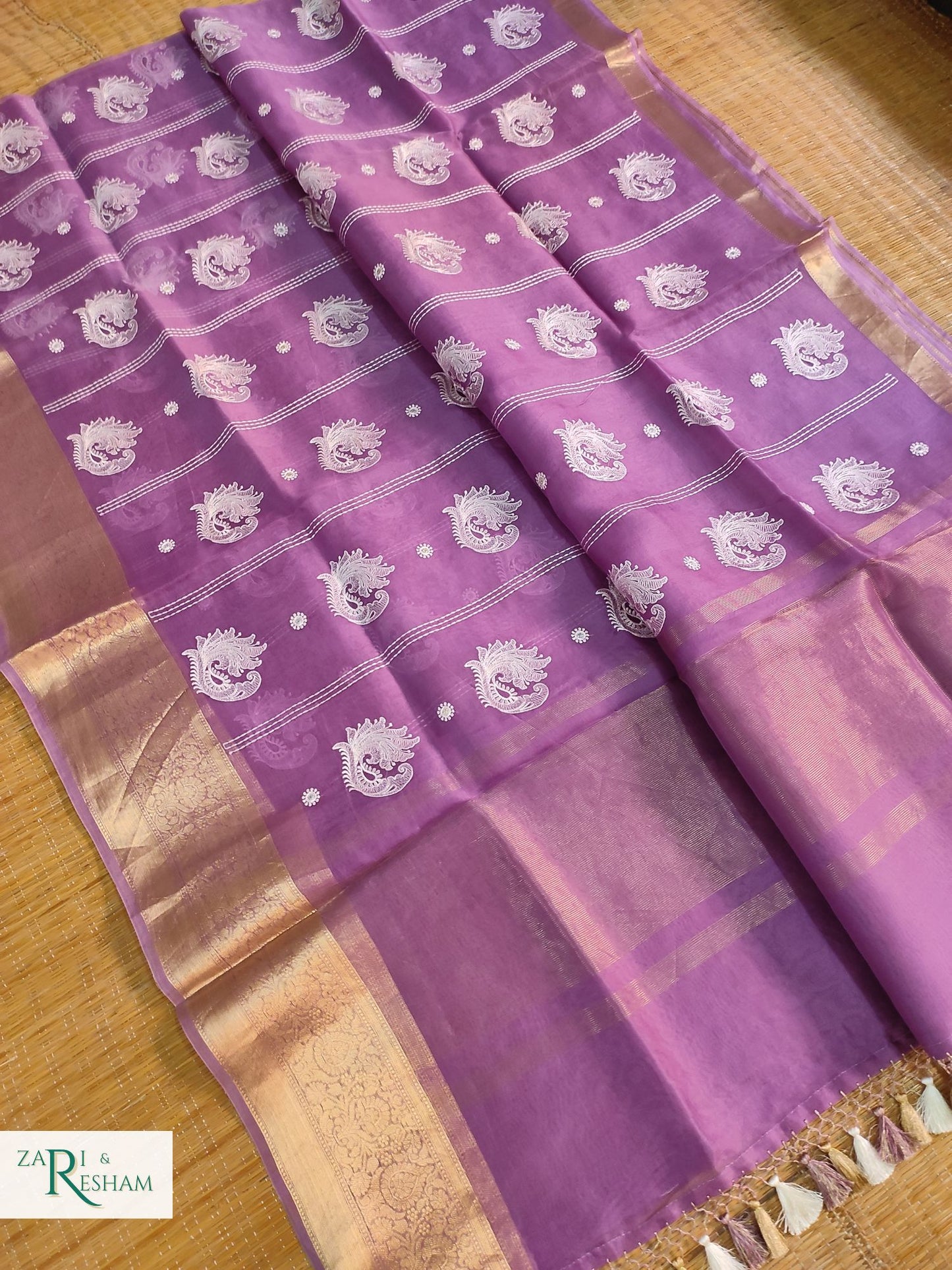 Pure Kora Silk Saree with Banarasi Border & Embroidery Work - Purple