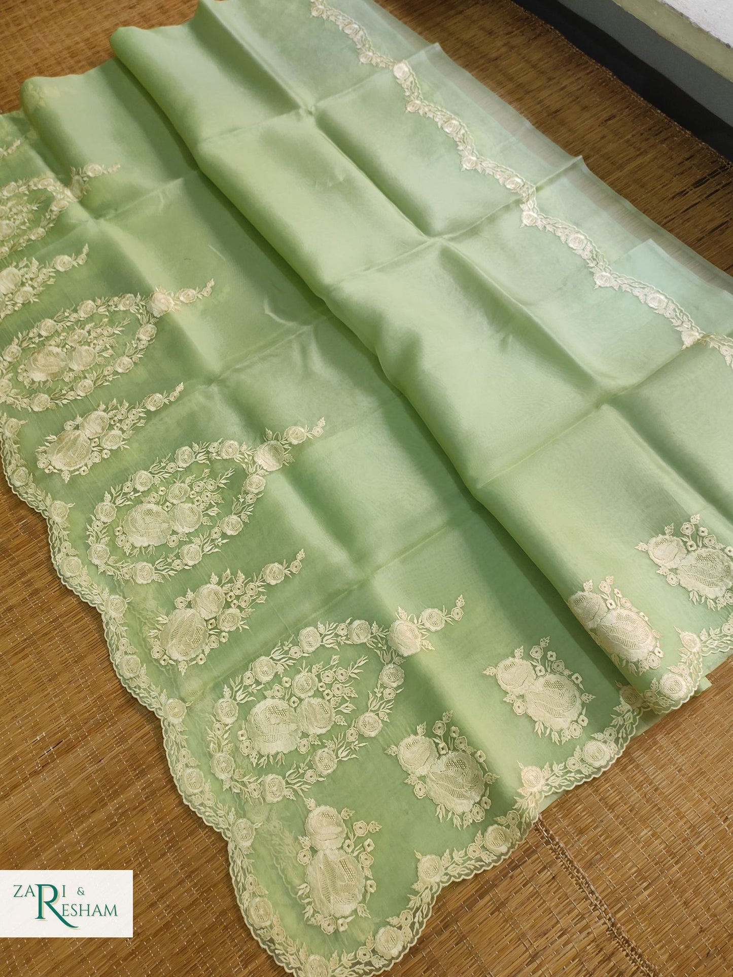 Pure Organza Silk Saree with Buta & Scalloped Edging Embroidery Work - Pista Green