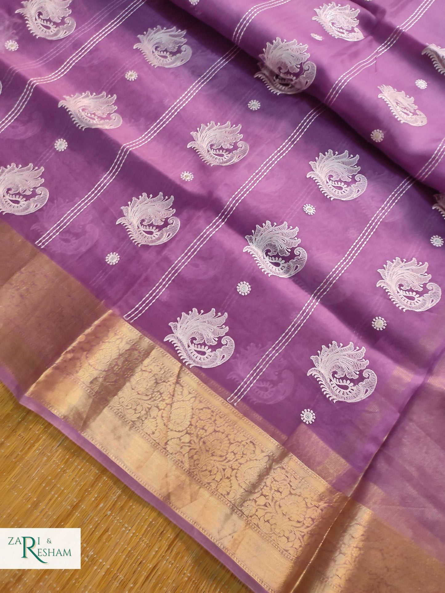 Pure Kora Silk Saree with Banarasi Border & Embroidery Work - Purple