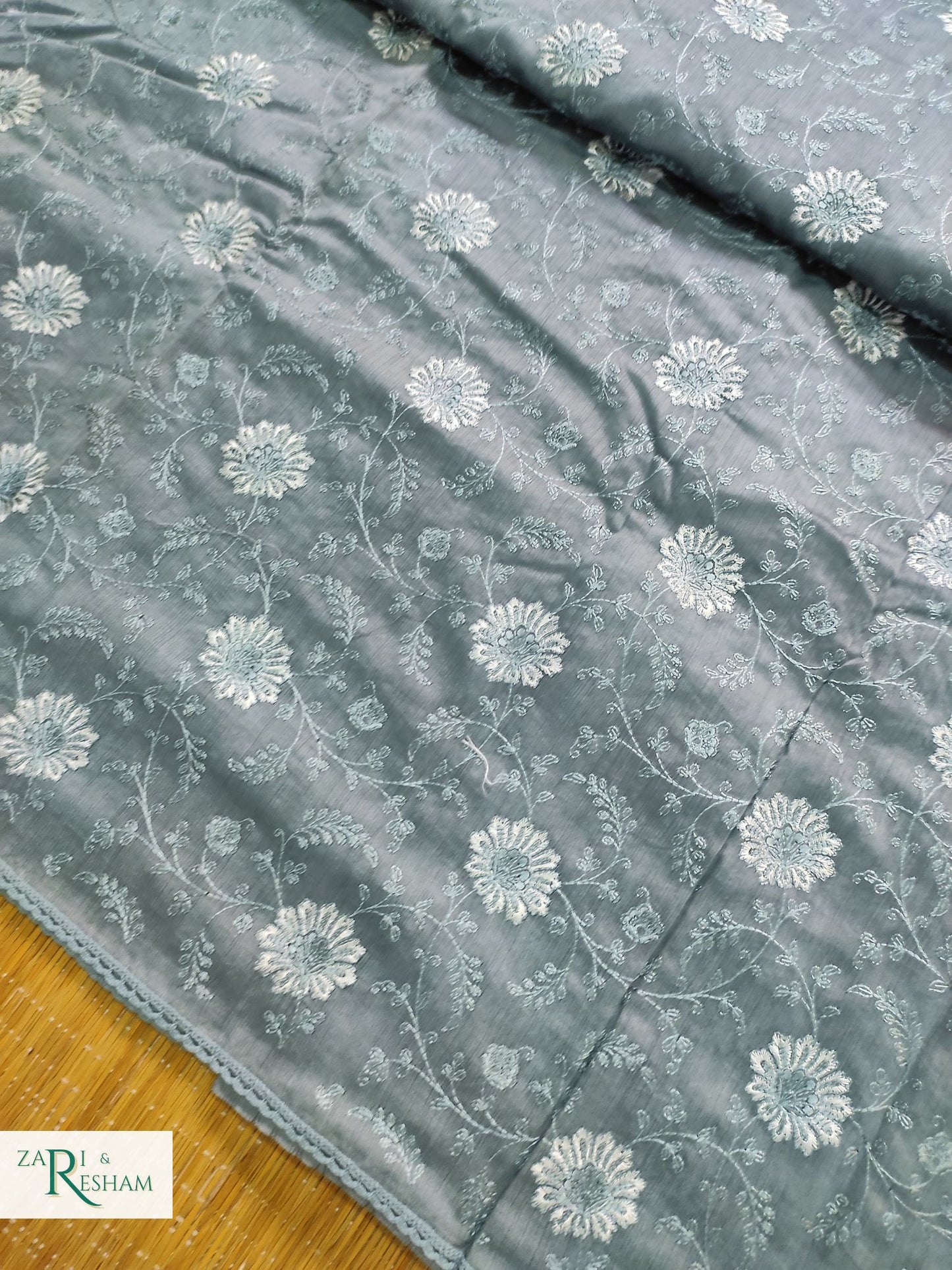 Pure Chanderi Silk Saree with Embroidery Work with Lace - Grey