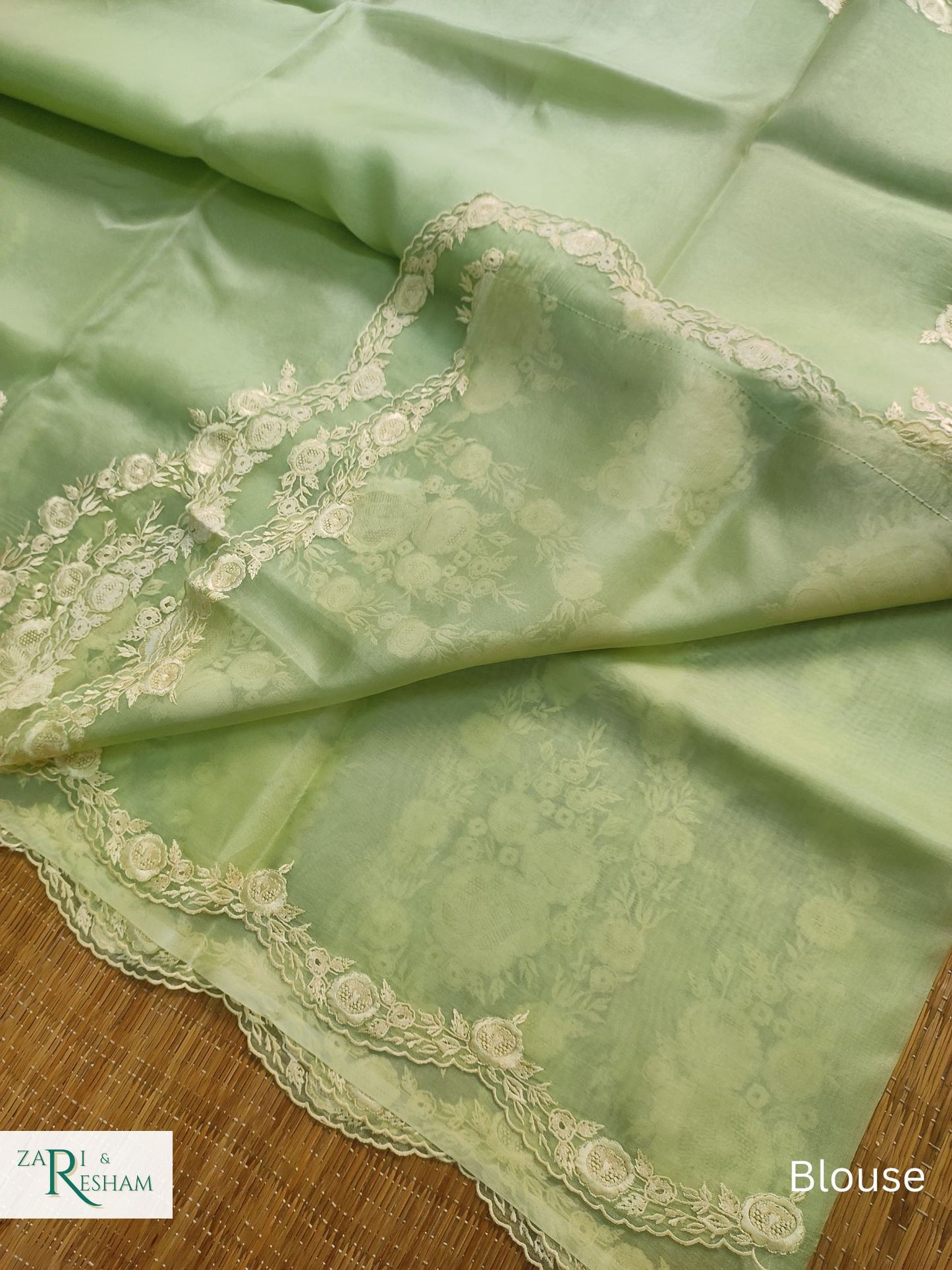 Pure Organza Silk Saree with Buta & Scalloped Edging Embroidery Work - Pista Green