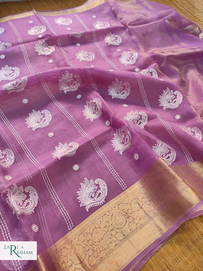 Pure Kora Silk Saree with Banarasi Border & Embroidery Work - Purple