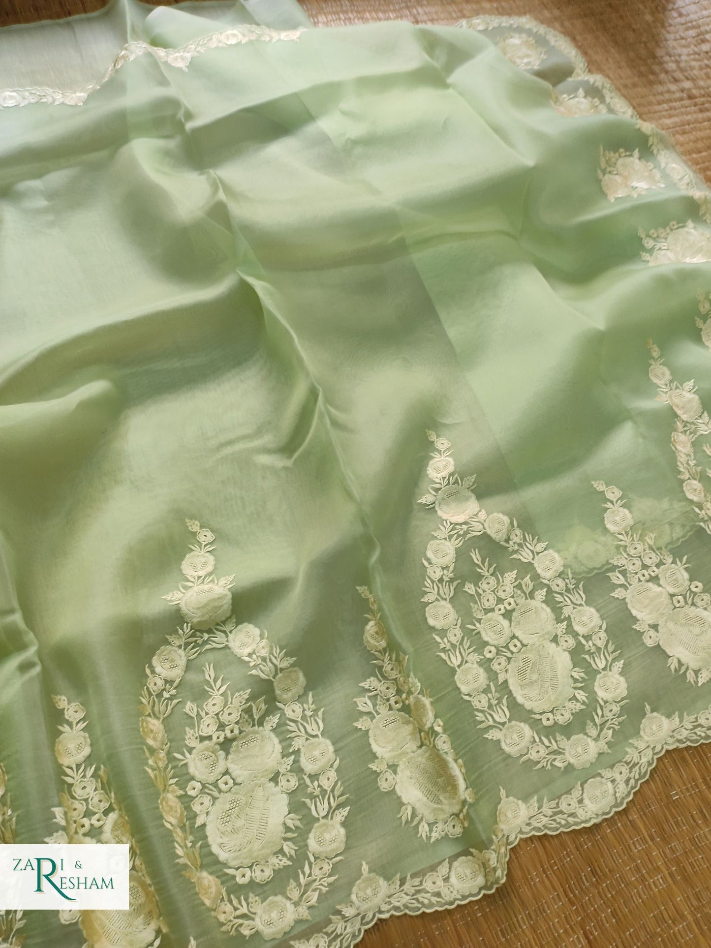 Pure Organza Silk Saree with Buta & Scalloped Edging Embroidery Work - Pista Green