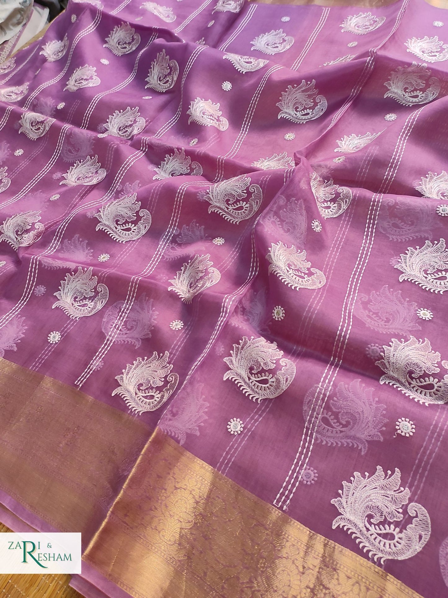 Pure Kora Silk Saree with Banarasi Border & Embroidery Work - Purple