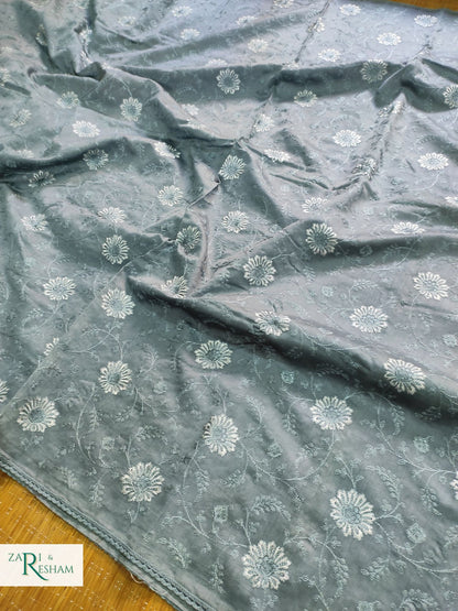 Pure Chanderi Silk Saree with Embroidery Work with Lace - Grey