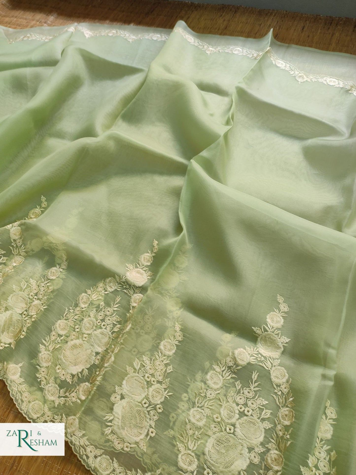 Pure Organza Silk Saree with Buta & Scalloped Edging Embroidery Work - Pista Green