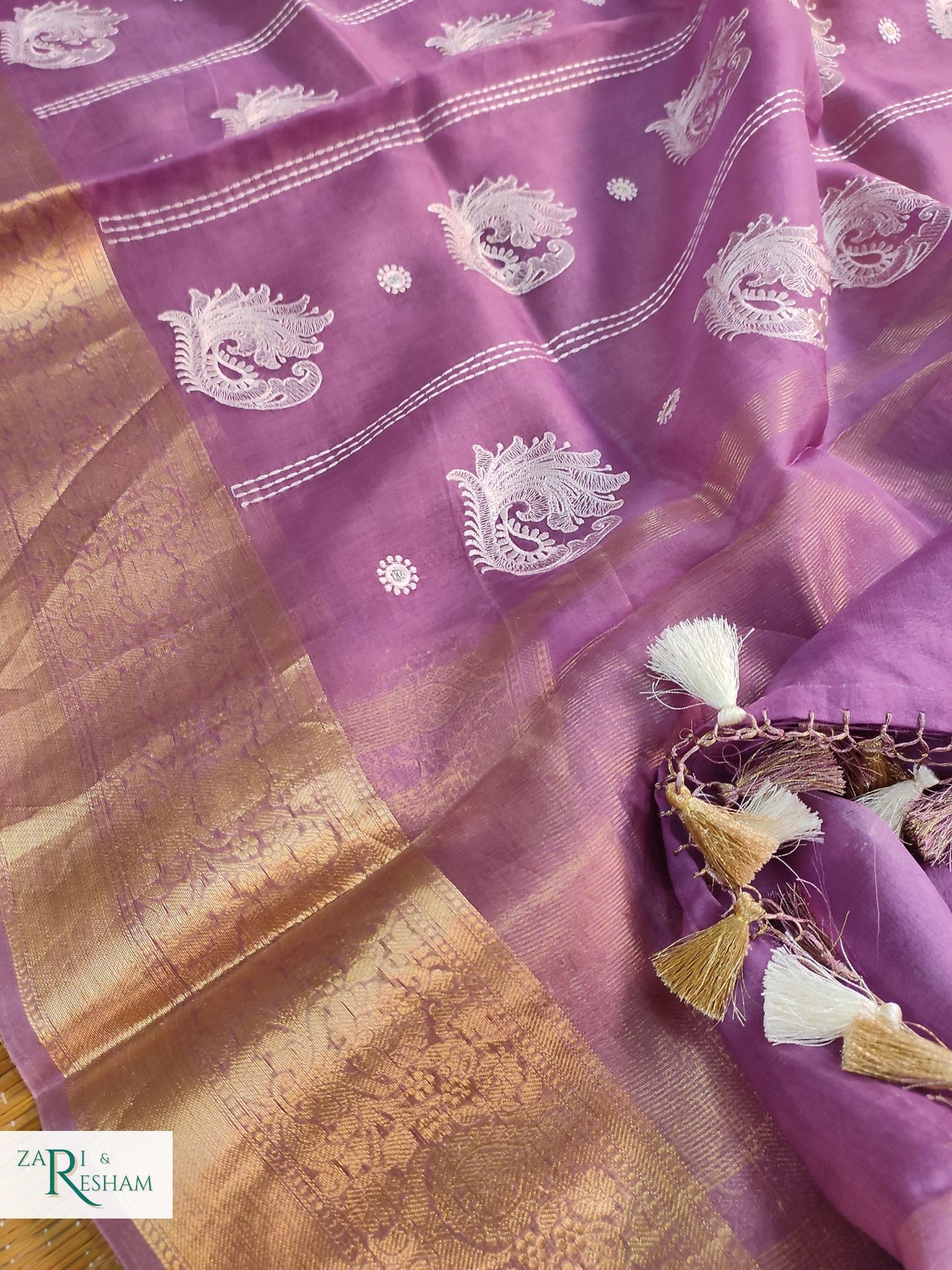 Pure Kora Silk Saree with Banarasi Border & Embroidery Work - Purple