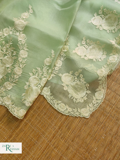 Pure Organza Silk Saree with Buta & Scalloped Edging Embroidery Work - Pista Green